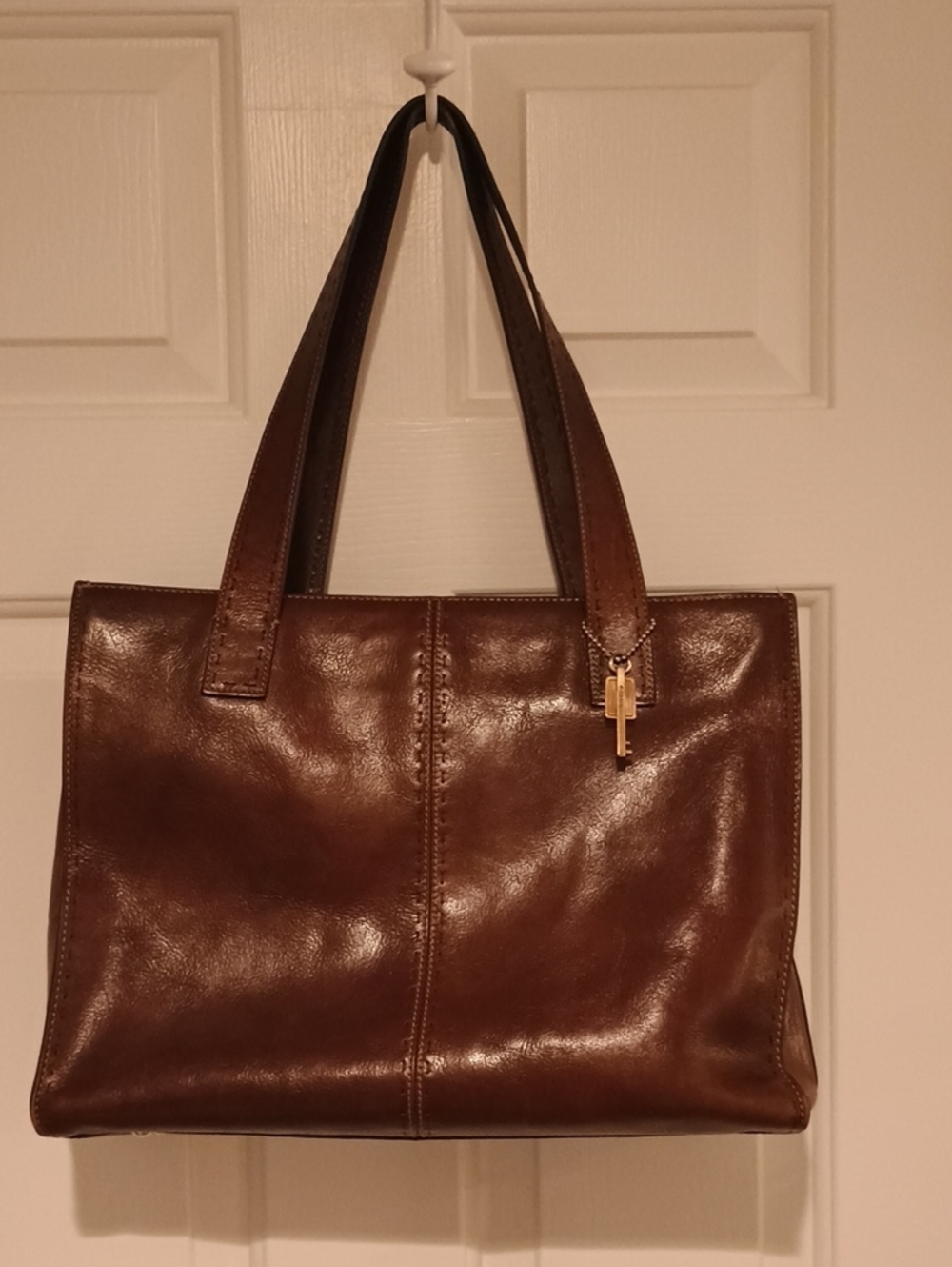 Fossil Brown Leather Tote Shoulder Bag with Gold Key Charm